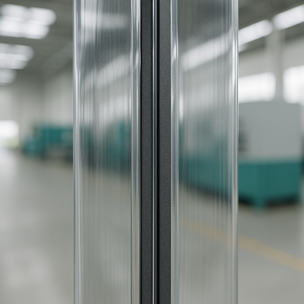 Close-up of a self-closing magnetic seal on a PVC strip curtain.